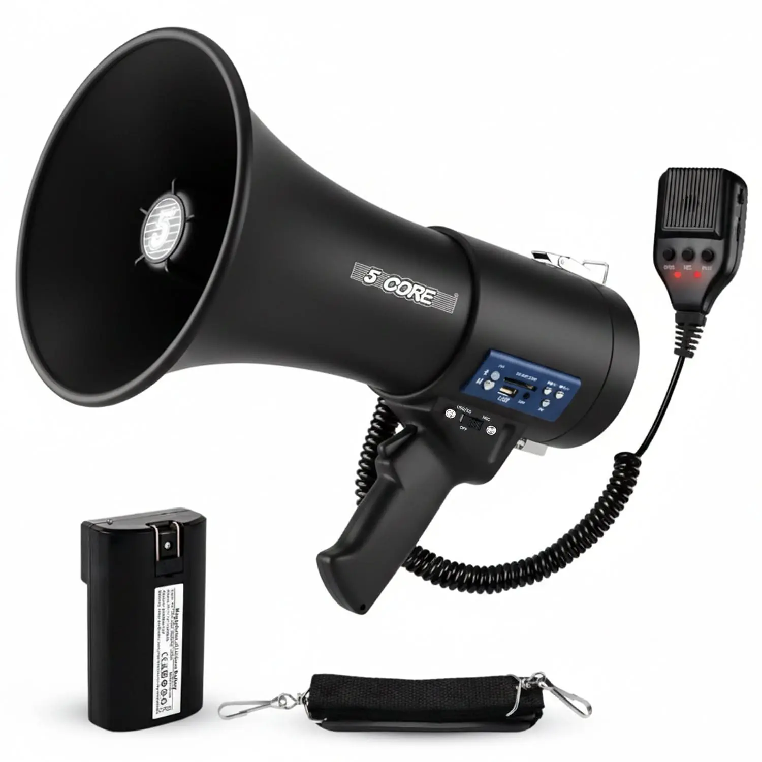 5 Core Megaphone Bullhorn Powerful 50 Watt Speaker Siren Handheld Mic Adjustable Volume Shoulder Strap Loud Clear Audio for Crowd Emergency Sports Events - ER 66BTUC MTT WB