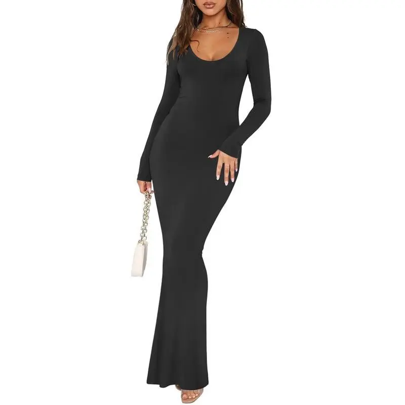 Women's REORIA Ribbed Bodycon Maxi Dress, 93% Modal 7% Spandex, Comfortable Comfy Design, Curve-Hugging Fit