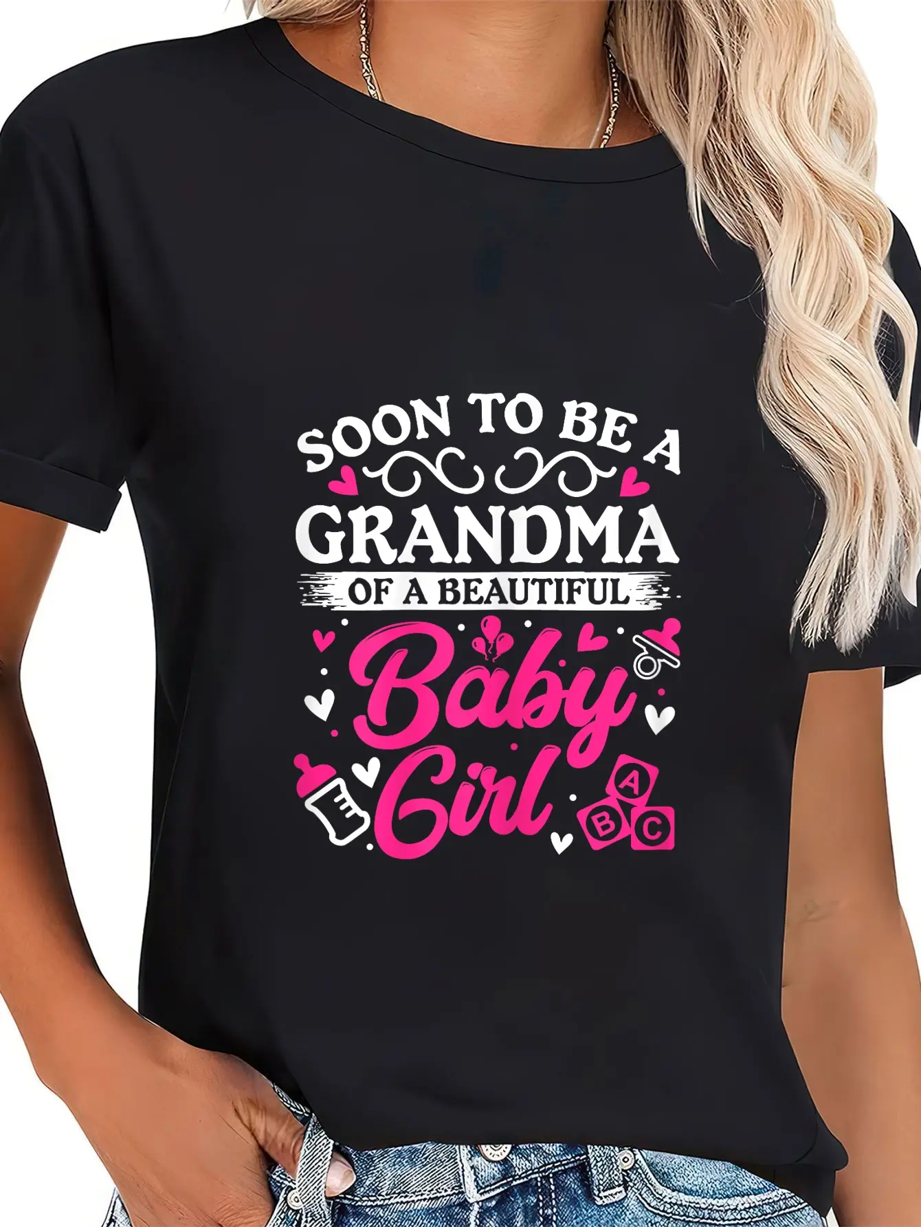 Women's Casual 100% Cotton Short-Sleeve Round Neck Graphic Baby Shower T-Shirt for Upcoming Grandmas of Baby Girls, Shortsleeve, Everyday, Tshirt, Top, Funny Slogan, Vintage, Baby Girl Theme