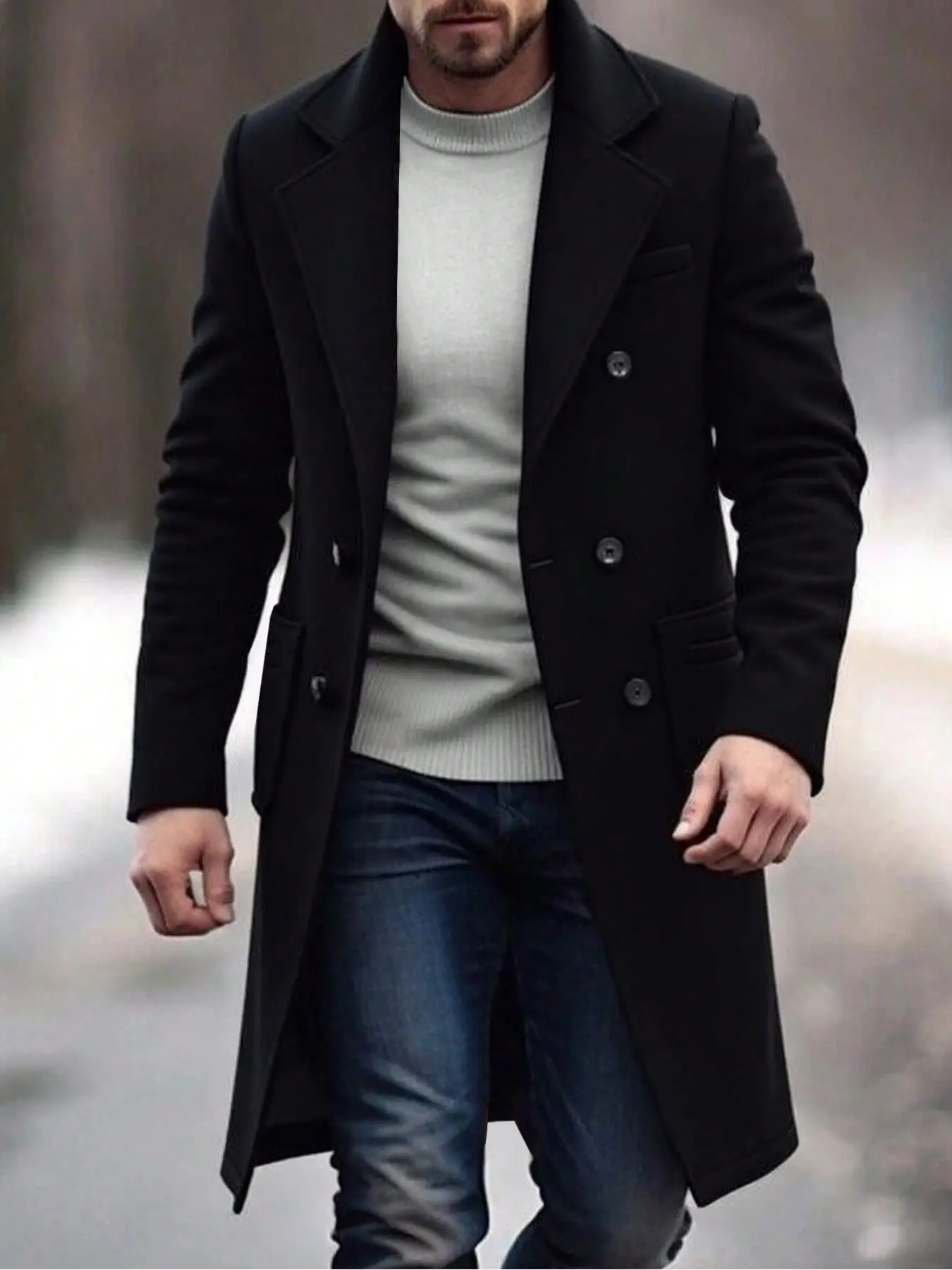 Men's Tweed Overcoat, Casual Business Commute Style, Fall & Winter Worn Fabric, Fitted Design, Perfect for Daily Wear