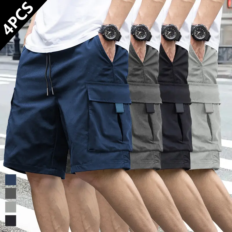 Men’s cargo shorts with multiple pockets, mid length; American style trendy men’s cargo shorts; versatile loose fit men’s shorts; cargo silhouette, multi pocket design, comfortable drape; suitable for everyday commuting and vacations.