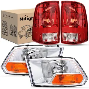 Nilight Headlight and Taillight Assembly Combo Compatible with 2009 2010 2011 2012 Dodge Ram 1500 2500 3500 OE Style Chrome Housing Amber Reflector with Red Housing Tail Lights