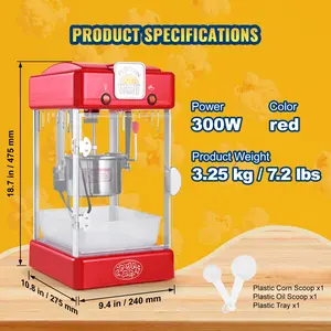 VEVOR Popcorn Maker, 300W Popcorn Popper Machine, 2.5 Oz Kettle Makes 4 QT per Batch, Tabletop Popcorn Maker with PP Door, Includes 2 Scoops and Tray, Movie Theater Style, Red