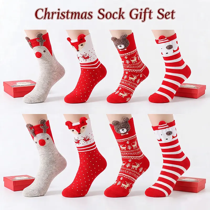 4 Pairs Cotton Christmas Socks Gift Box – Winter Warm Half Knee Socks with Reindeer & Snowflake Prints, Novelty Fluffy Cartoon Socks for Women, Holiday Gift Set