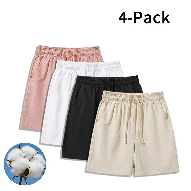 4 Pack Lightweight Cotton Linen Shorts Suitable for Beach, Home, and Everyday Outings