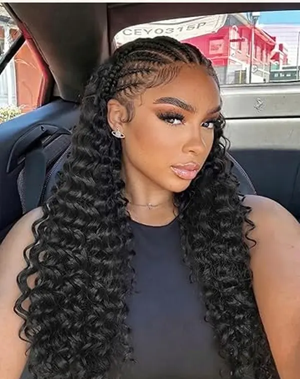 RXC【Pre Styled Braid Wigs】 with Curly End 13x6 Lace  Half Cornrows Half Deep Wave Curly Wig Invisible Lace Glueless Pre Plucked Fiber Wig Curly Bleached Knots Lace Braided Wig Lace Synthetic Wig