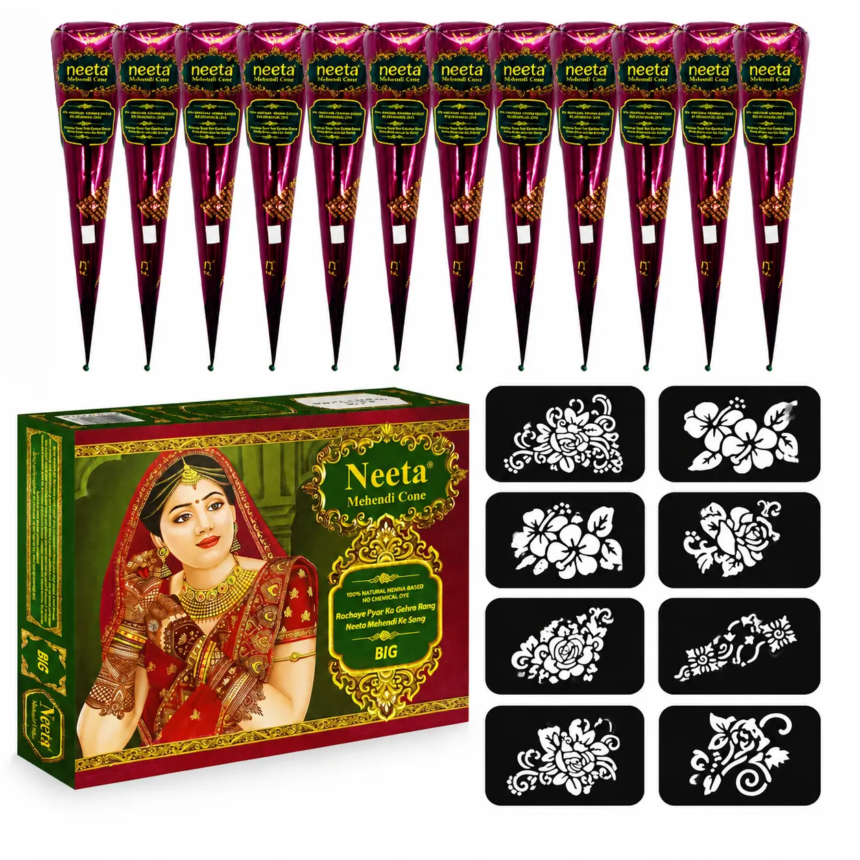 (Pack of 12) 25g Natural Henna Cones Dark Brown with 8 Stencils | Mehendi Temporary Tattoo Kit for Beginners & Professionals | Body Art Hand Design | PPD & Ammonia Free