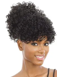 12 Inch Drawstring Ponytail with Bangs, Afro Puff Ponytail Extensions for Women, Short Curly Puff with Bangs, Clip in Hairpiece for Women Party & Daily Use, Synthetic Curly Wigs
