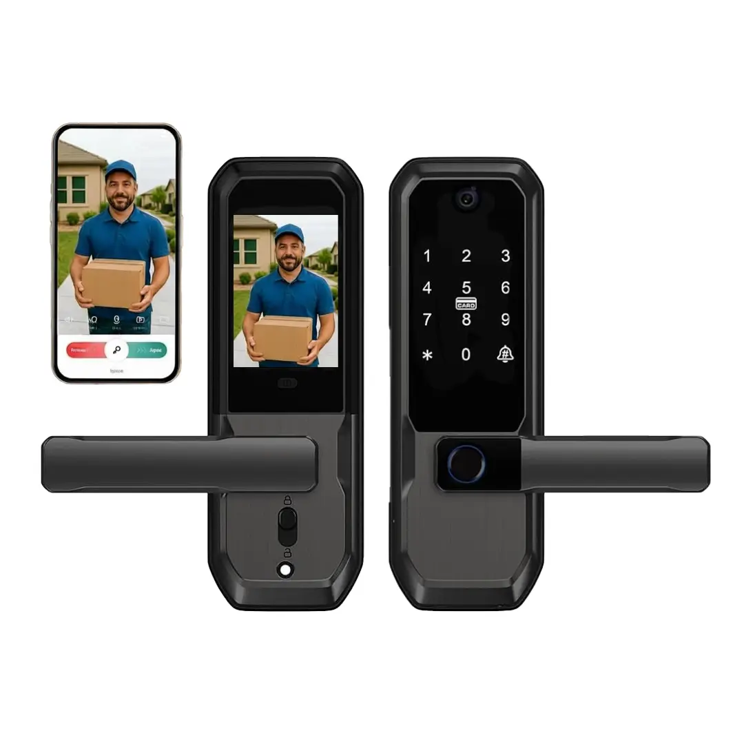 6-in-1 Smart Lock with Camera & Video Doorbell,  Handle Deadbolt Lock, Anti-Peek PIN, Tuya App Remote Access, Rechargeable Keyless Entry Fingerprint Electronic Door Lock for Front Door, Apartments and Luxury Condos