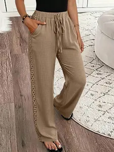 Women's Denim Effect Linen Blend Casual Commuter Style Pants With Lace Hem Fall Cloth For Women