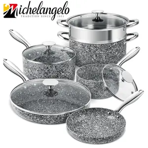 MICHELANGELO New Stone Cookware Set 10 Piece, Ultra Nonstick Pots and Pans Set with Stone-Derived Coating for Kitchen, Granite - 10 Piece