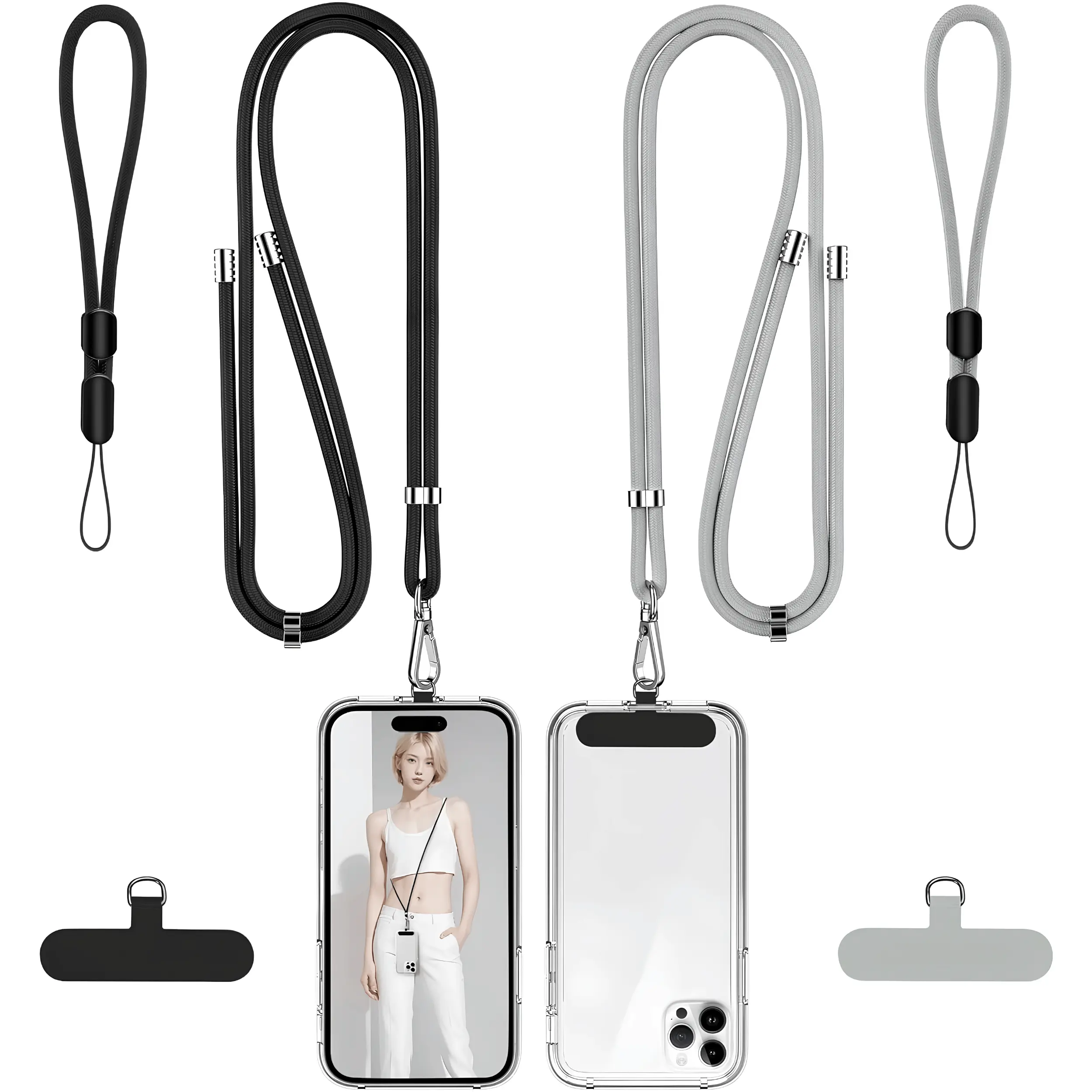 2 Pack Adjustable Phone Lanyard & Wrist Strap Set Crossbody Cell Phone Neck Strap with 2 Tether Tabs, Universal Smartphone Holder Compatible with iPhone, Samsung & Android Phones, Black & Gray Travel Accessories