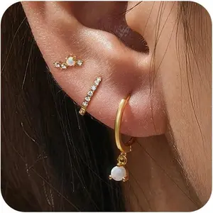 3 Hole 14K Gold Stacks Earrings Set for Multiple Piercing Hypoallergenic Dainty Stackable Huggie Hoop Stud Cartilage Earrings Set Small Trendy Non Tarnish Gold Jewelry for Women