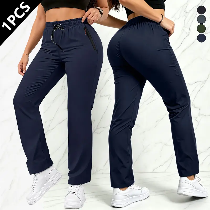 Single pack. Women’s spring/autumn cargo pants with zipper, elastic waistband with drawstring and pockets, designed for casual outdoor hiking. Slim-fit long pants for everyday wear.Summervibes