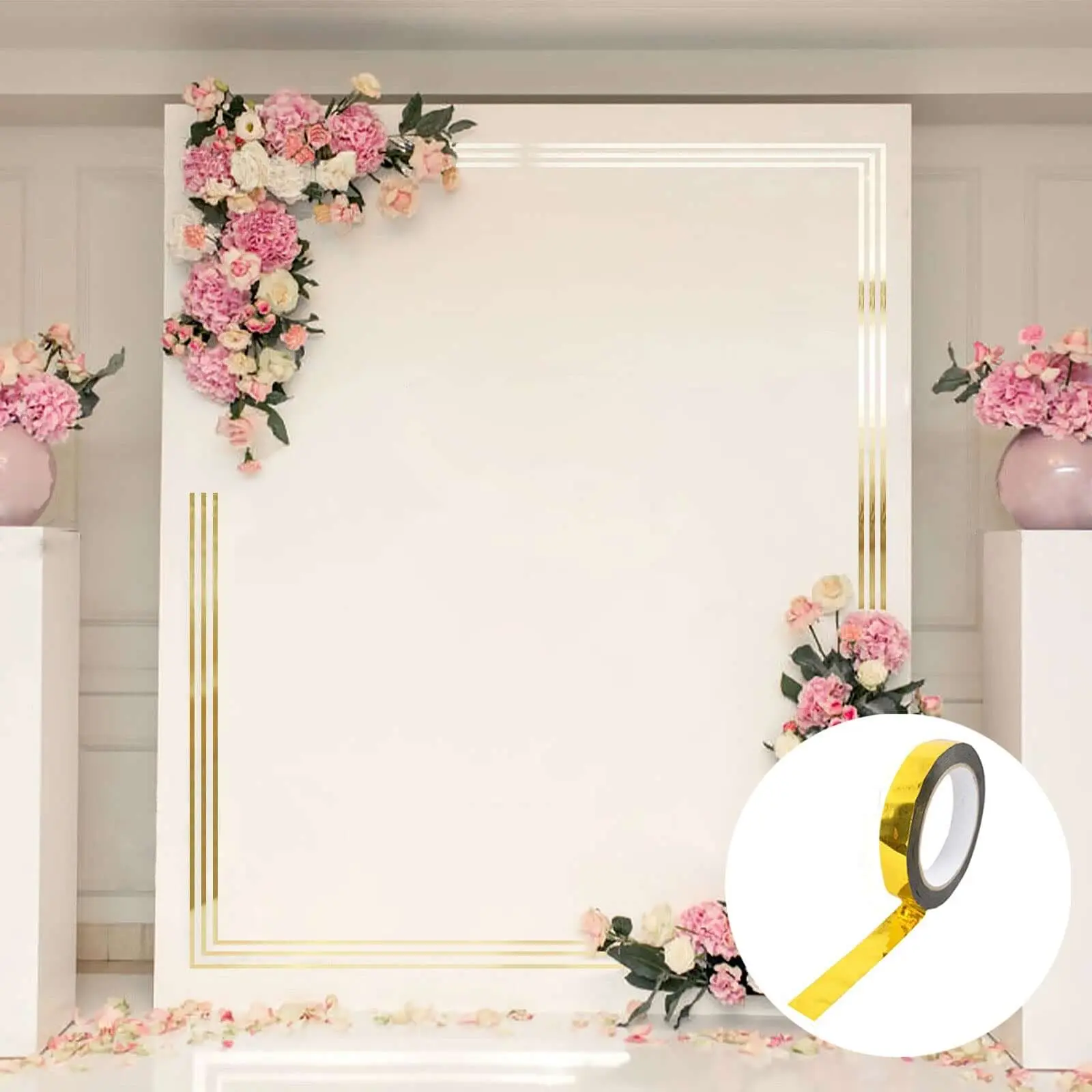 3/8 in Gold Metallic Film Adhesive Tape - 100 Yds Polyester with Acrylic Backing, DIY Floral Craft Tape for Birthday Party Favor, Gold Foil-Wrapped Gifts & Wrapping, Decorative Foil Packaging