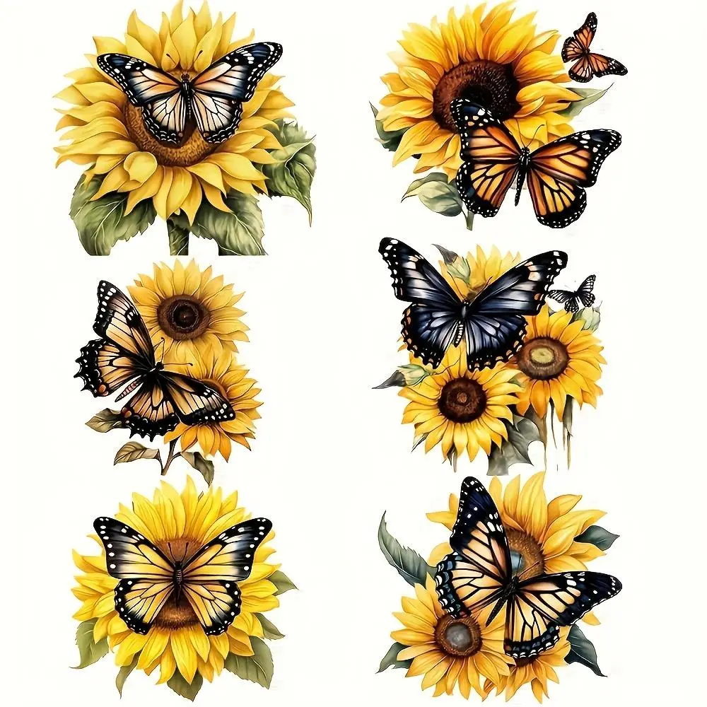 Sunflower & Butterfly Pattern Decorative Art Diy Decoration Iron-on Heat Transfer Decals, 6 Counts/set DIY Crafts Washable Vinyl Patches for Clothing, Bags & Hats Craft Supplies