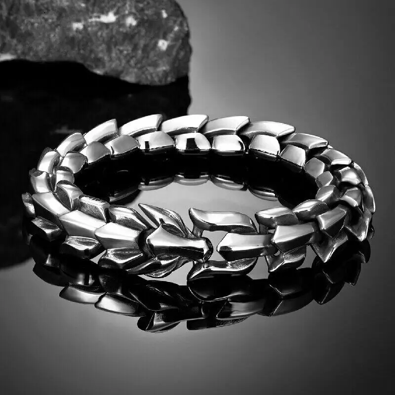 Men's Viking Ouroboros Cuff Bracelet, Stainless Steel Snake Bangle with Movable Jaw, Gothic Punk Eternal Symbol Jewelry, 8 Inch, Life, Daily, Alternative Gothic Bracelets & Bangles, Animal, Birthday, Casual, Christmas, Engagement, 80G, Bites Bracelets & B