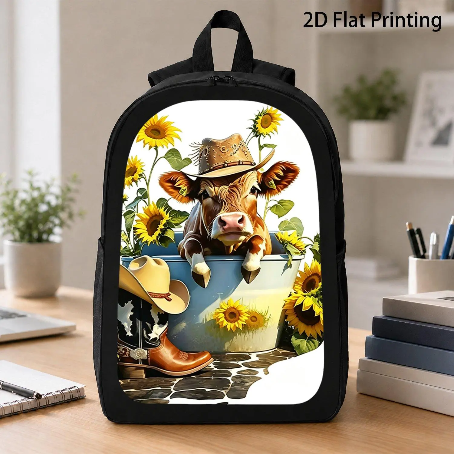 Stylish Sunflower & Cow Print Backpack - Lightweight Tunable shoulder straps, Large Capacity Laptop Bag for School, Work, Travel & Sports, Polyester Material with Button Closure, Travel Backpack