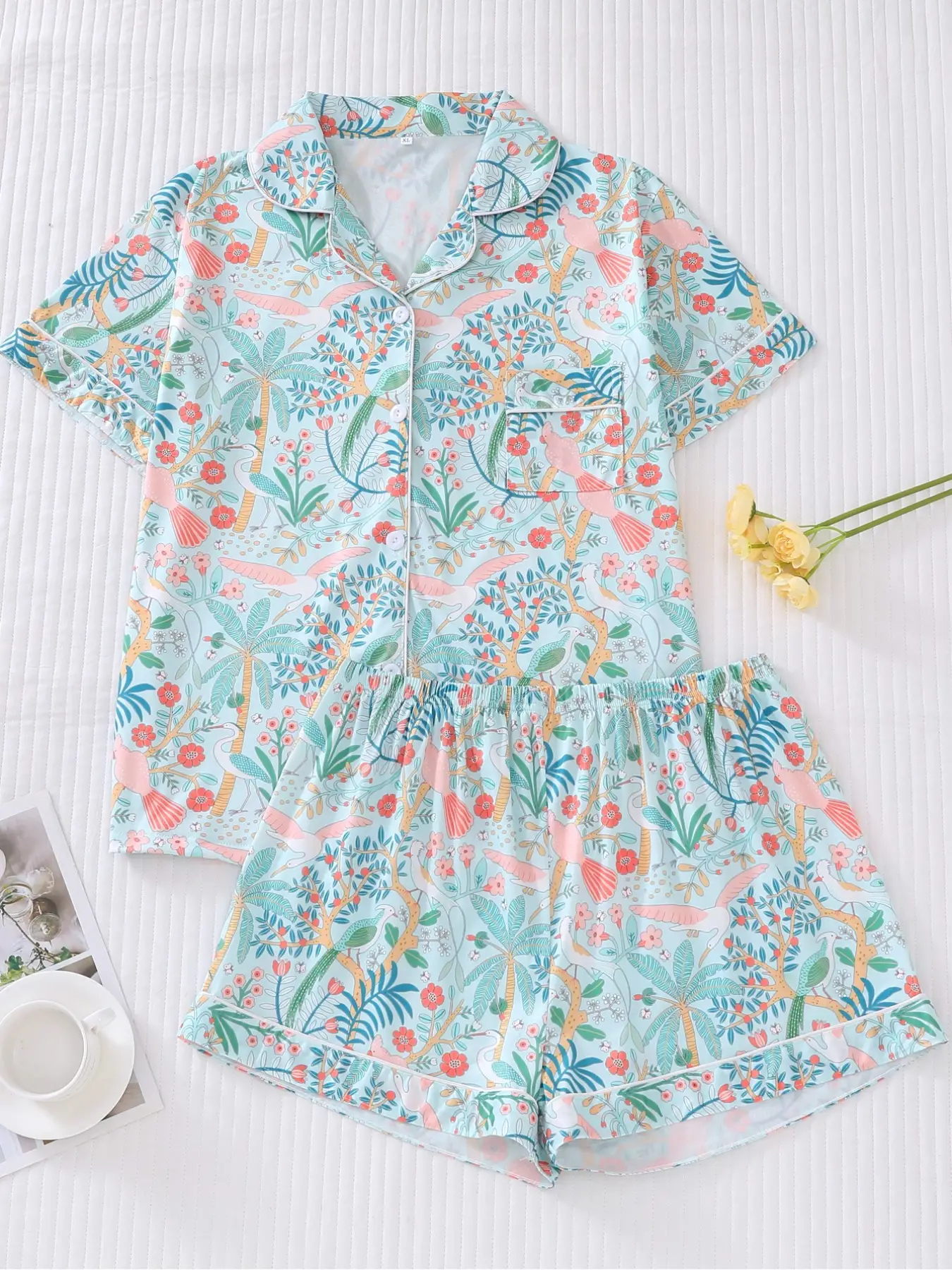 Two-Piece Set Women's Tropical Floral Print Contrast Binding Shirt & Shorts Pyjama Set, Summer Outfits 2024, Casual Comfy Button Front Top & Shorts PJ