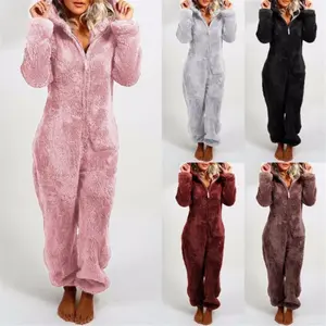Women Thick Plush Sleeping Romper with Bear Ear Hat, Long Sleeve Zipper Hooded Jumpsuit for Autumn, Winter