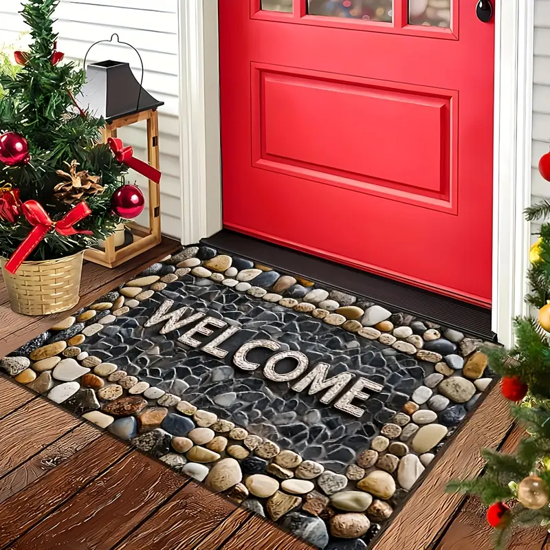 Decorative Stone Mosaic "WELCOME" Doormat, Distinctive Colorful Design, Non-Slip & Easy-To-Clean Decorative Mat for Indoor-Outdoor Entrances, Household Textile Carpet Rug, Decorative Mats