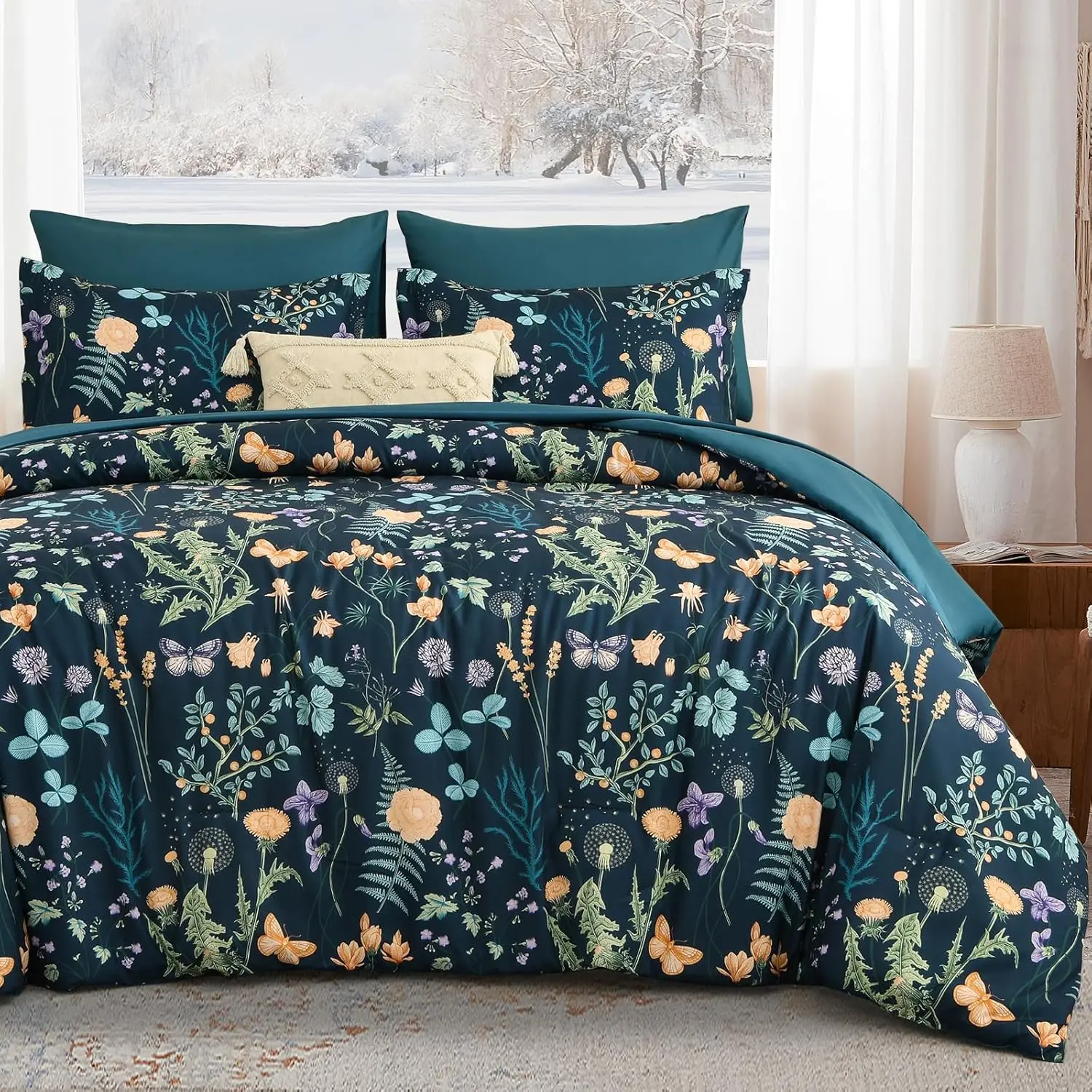 7 count Peacock Blue Floral Comforter Set  Size, Botanical  Comforter Bedding Set, Bed in a Bag , Soft Microfiber Complete Bedding Set with Sheets for  Season