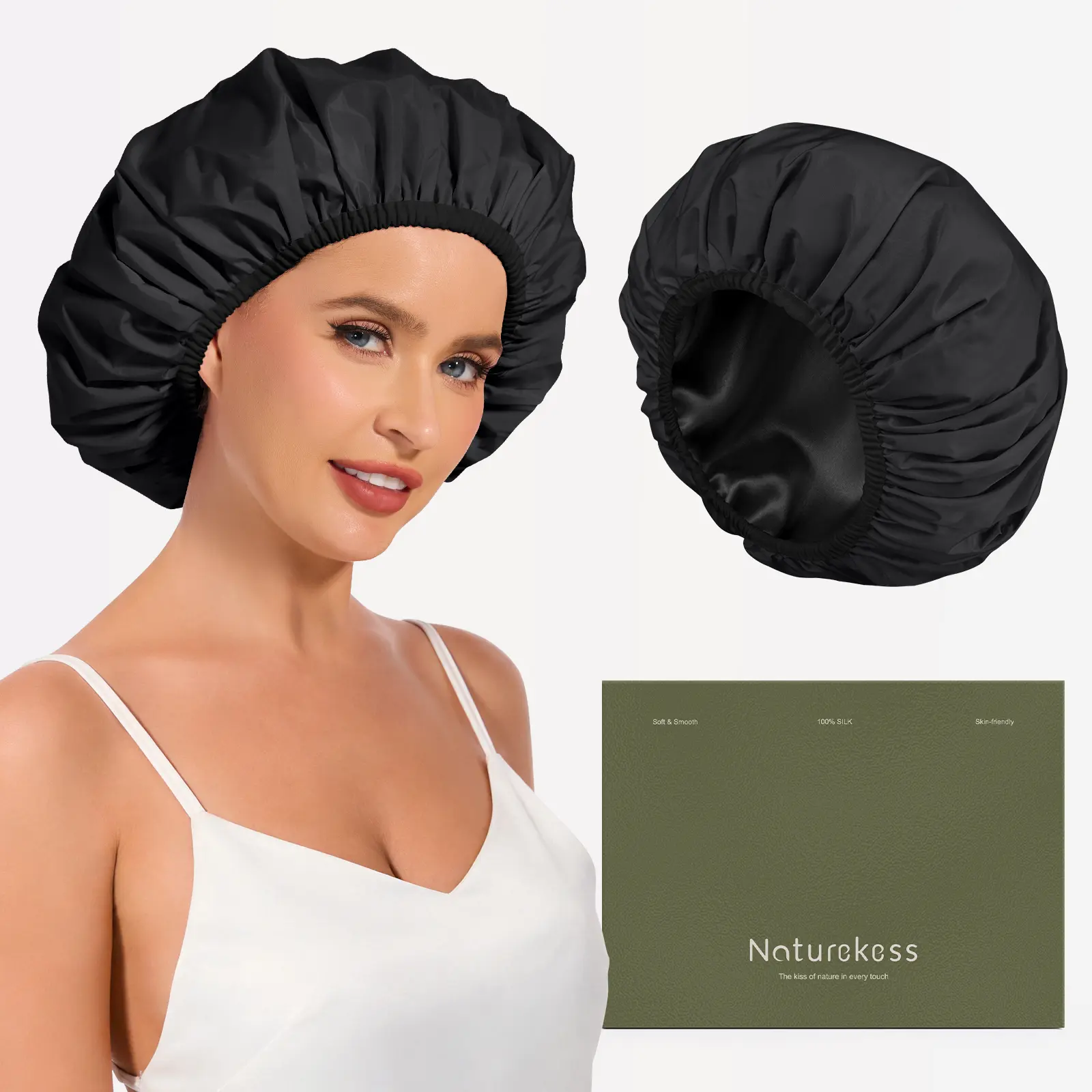 NATUREKESS Shower Cap, Double-Layer Satin Bonnet for Women, Waterproof & Adjustable, Oversized for Long Hair, Braids, and Curls, Bathroom Accessory, Hair Bonnet, Full Coverage, Showering, Prevents Frizz, Relax At Home, Fits All Hair Types