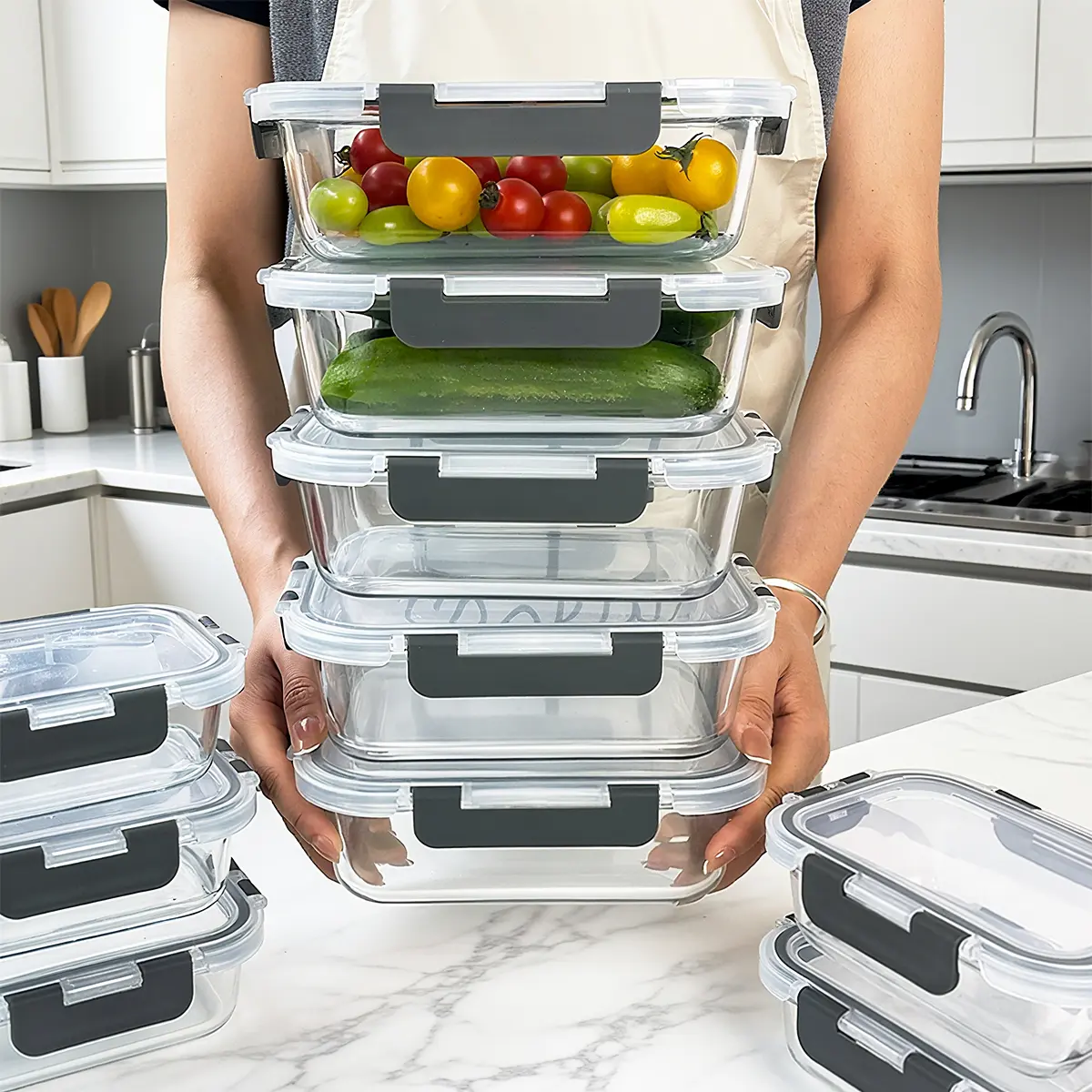 10-Pack Glass Storage Containers with Lids, Glass Meal Prep Containers Set, Airtight Lunch Containers with Lids, Microwave, Oven, Freezer and Dishwasher Safe, Gray
