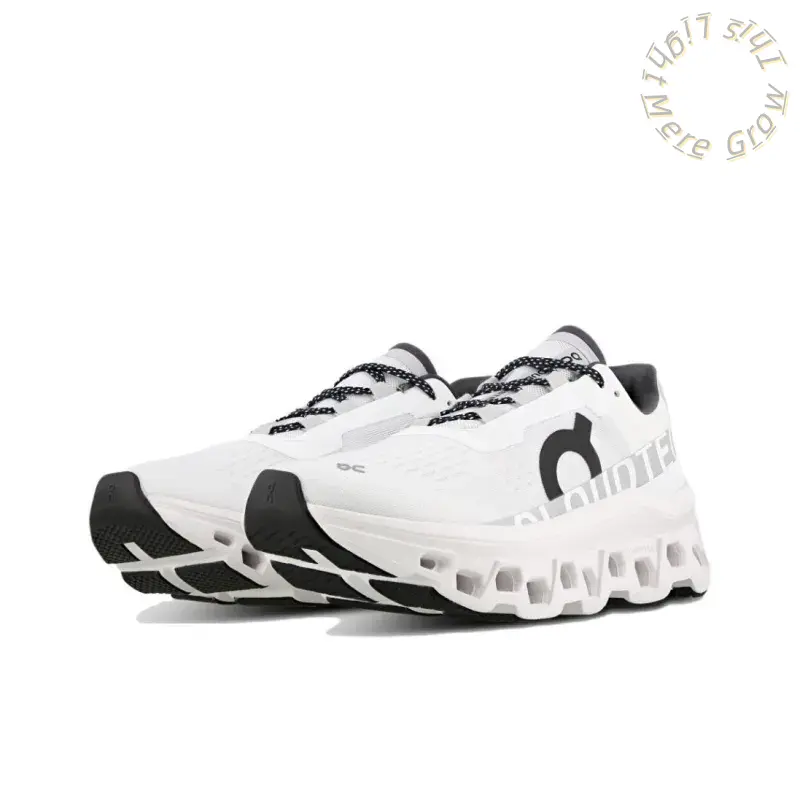 White Black Two-Tone Breathable Knit Mesh Low Top Road Running Sneakers, Multi Hollow Wave Cut Chunky Foam Midsole Black Rubber Front Tip Flat Black Dot Laces Shock Absorbing Cushioned Outdoor Walking Trainers For Men Women