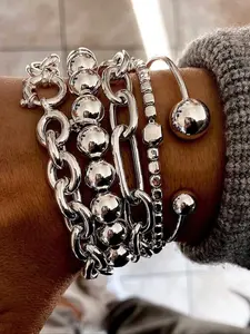 5pcs Vintage Exaggerated Minimalist Old Coin Design Layered Chunky Chain & Bead Bracelet Set, Trendy Stack Bangle, Suitable For Date, Vacation, Daily Wear, Party, Holiday Gift For Women