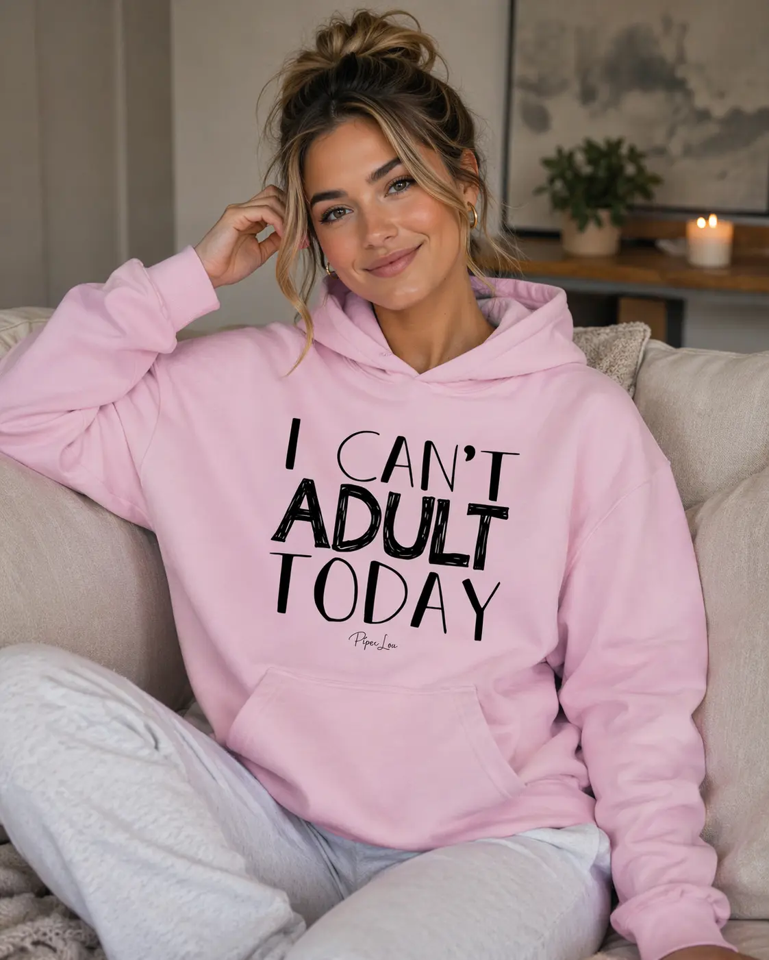 Women's Graphic Hoodie, Cozy Cotton Blend Pullover with Pouch Pocket, 90s Athleisure "I Can't Adult Today" Top for Lazy Outfits, Sweatshirts, 90S Look, Sporty Chic, Comfy Ootd, Casual, Polyester, Spandex, Yarn, Fabric, Matching, Knit, Soft