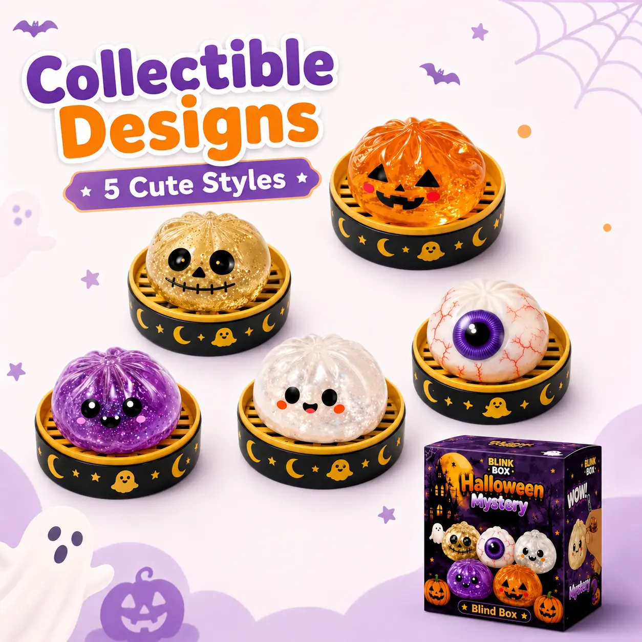 Halloween Baozi Dumpling Squeeze Stress Ball with Steamer Base, Slow-Rise Pumpkin Eyeball Soft Sensory Fidget Toy, Halloween Squishies Sensory Product for Desk Decor