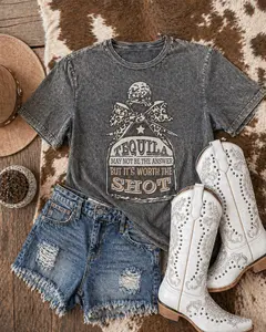 Western Short-Sleeve Soft Cotton Fabric "Worth The Shot" Graphic Tee - Gray