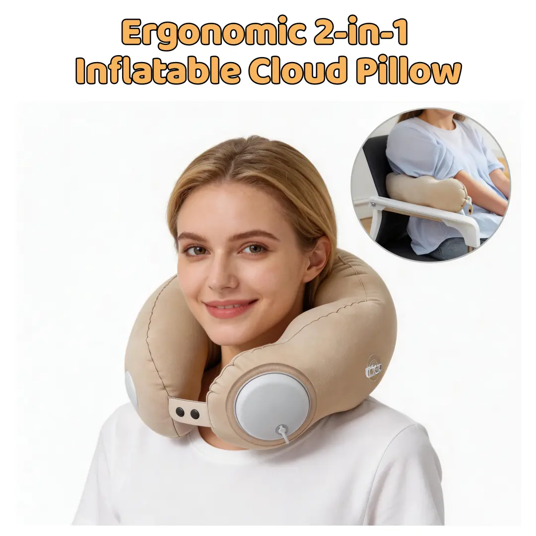 Soft Flock Ergonomic 2-in-1 Inflatable Cloud Pillow - Adjustable Firmness Travel Pillow, Cloud Shaped Backrest, Head Cushion, Neck Rest for Office, Travel Use