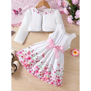 2-Piece Set for Girls Elegant Charming Floral Butterfly Print Sleeveless Round Neck Dress with Belt + Sweet Floral Print Solid Color Jacket Set, Suitable for Holiday Parties, Gatherings/Parties/Evenings/Outdoors/Casual/Daily Wear