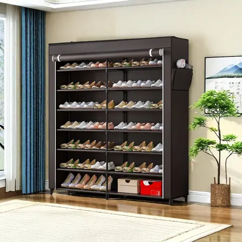 SUOERNUO 7-Layer Metal Rectangular High Storage Rack, Multi-Shoe Organizer with Non-Woven Dust Cover & Side Pocket, Easy Installation, Portable, Holds 42 Pairs of Shoes for Entryway Closet Storage