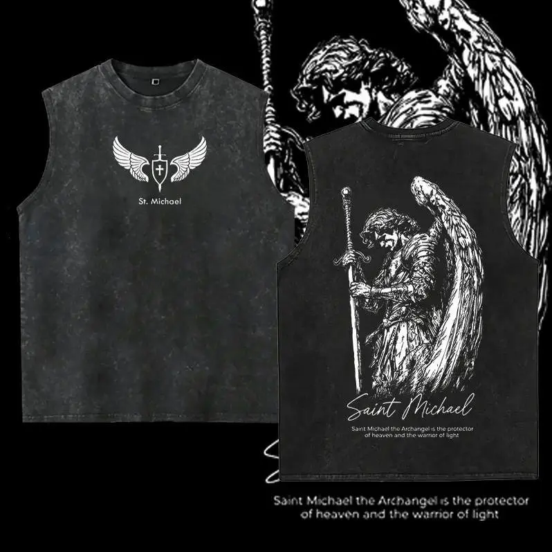 Men's Washed Sleeveless Vest with Whimsical Saint Michael Archangel Art Graphic, Vintage-Style Christian Menswear Top in Cotton Fabric, Clothes