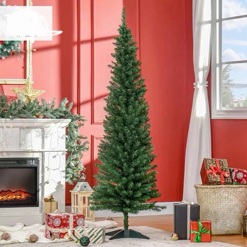 Christmas Tree, 6’ Artificial Pencil Slim Christmas Tree with 390 Realistic Branch Tips and Plastic Support, Green