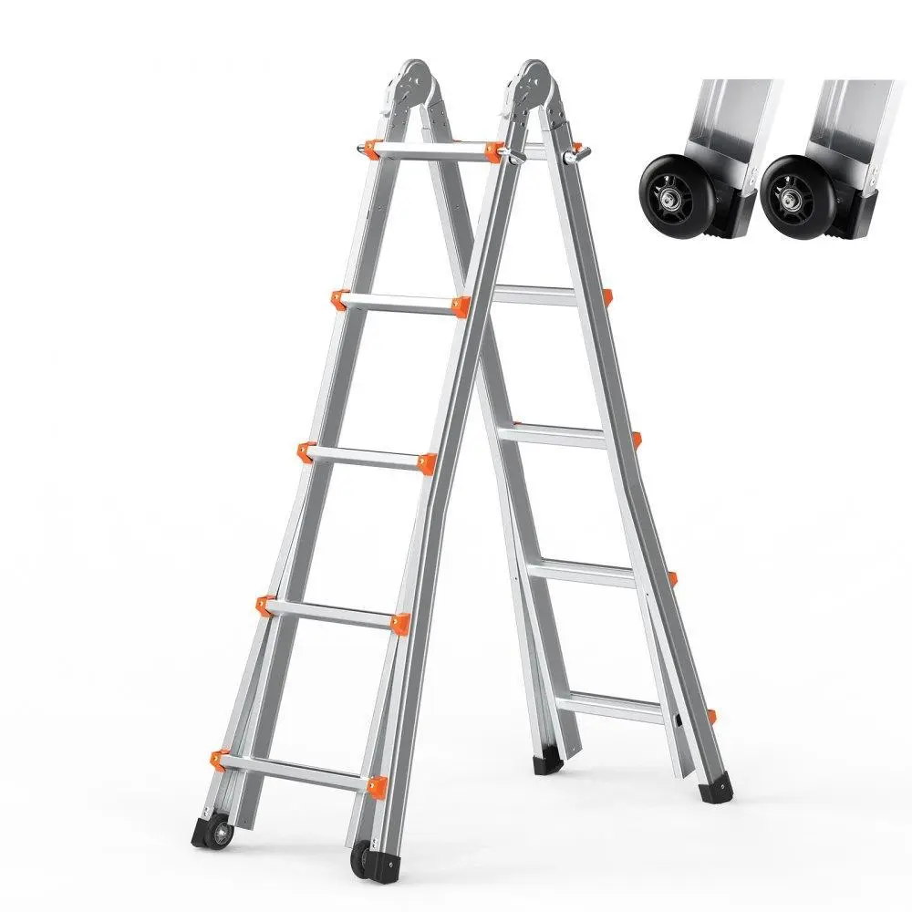 【Summerfinds】VEVOR Telescoping Ladder A Frame with 2 Wheels , 16.7 FT 330 LBS Load Compact Aluminum Extension Ladder, Multi-Function Portable Collapsible RV Ladder, Telescopic Ladder for Homework Stairs Indoor