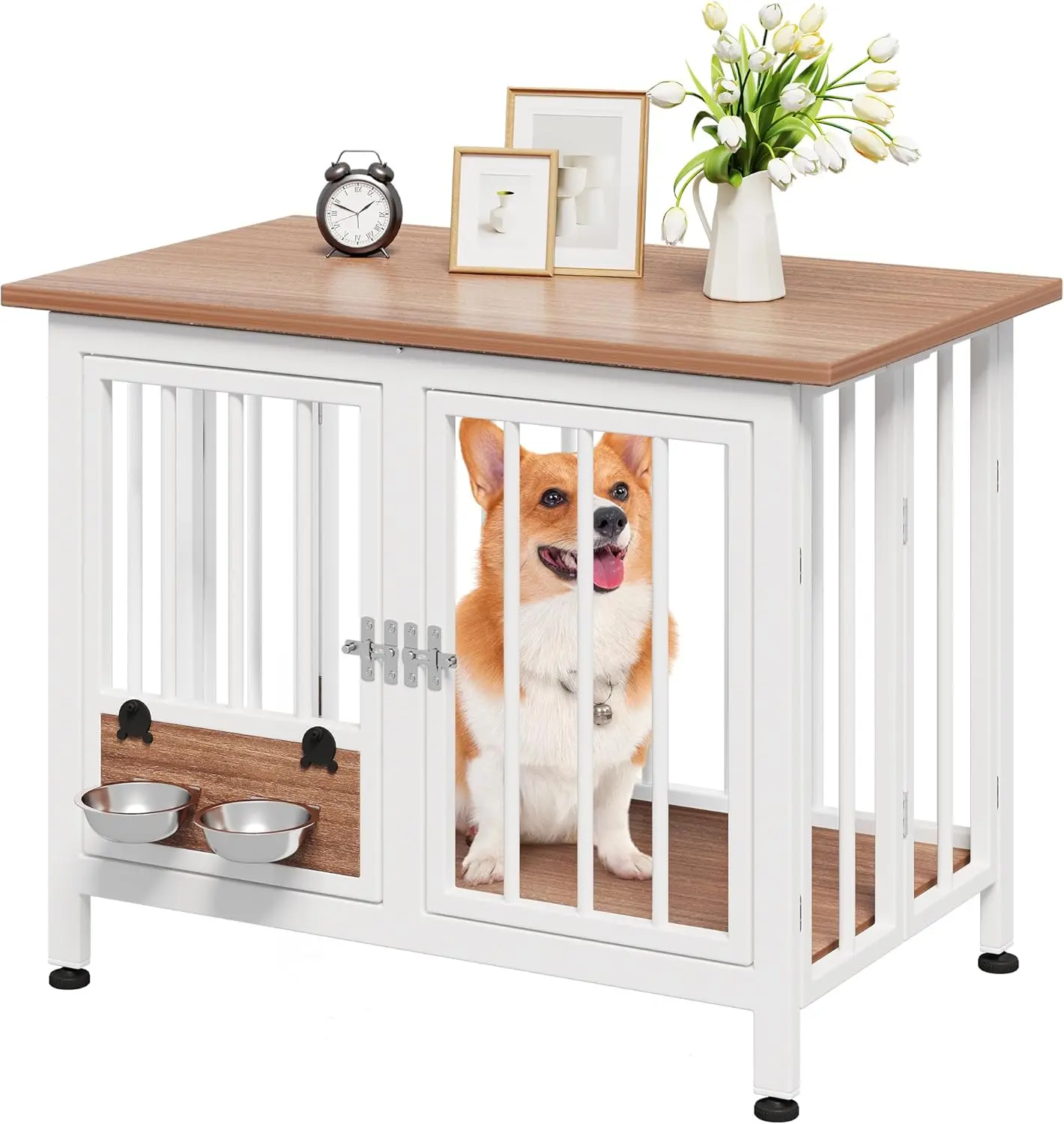 Yitahome 33" /39.3" Foldable Dog Crate Furniture, Portable Wooden Kennel End Table with Adjustable Feet & 360° Rotatable Bowls, Perfect for Small to Medium Dogs, Brown/ Blue