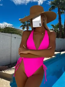 Neon Pink Halter Deep V One-Piece Swimsuit, Side Tie High-Cut Bathing Suit, Sexy Slim Fit Swimwear for Beach Pool Vacation