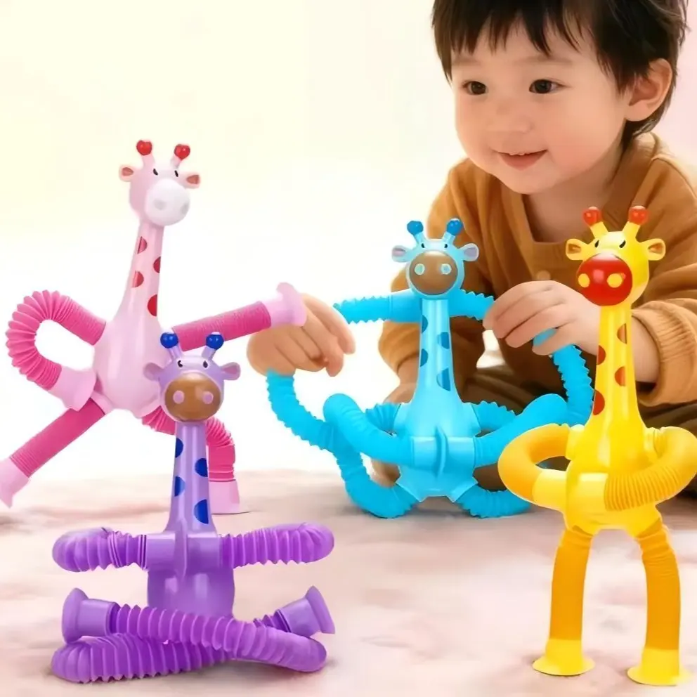 4-Pack Silicone Giraffe Fidget Gift Set, Telescopic Suction Cup Toys with Portable Stretchable Pull Tube, Soft Squeeze Stress Relief Toys for Anxiety & Sensory Pressure Release, Hand Wash Compatible for Kids’ Sensory Activities