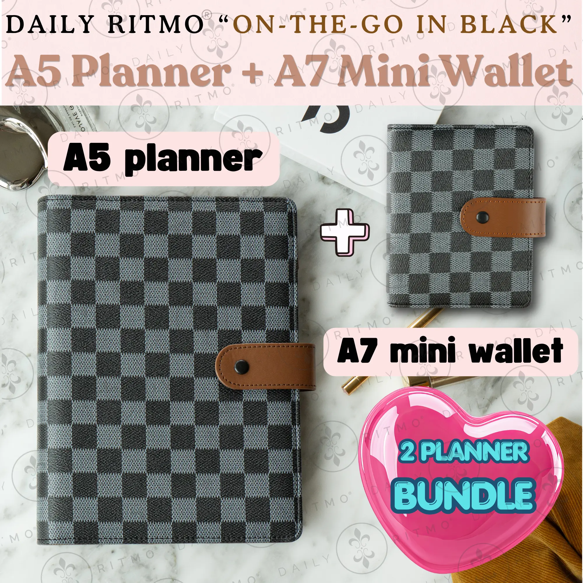 DAILY RITMO “On-the-Go in BLACK” Bundle – Checkered A5 Planner & A7 Mini Wallet Binder Combo, Planner Notebook, Daily To Do List Notepad, Notebook Set, Pu, Cohesive Look, 6-Ring Planner