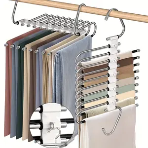 2-piece upgraded 5-layer pants hanger, space-saving, anti-slip, and multi-functional. S-shaped closet organizer with hook, suitable for leggings, trousers, and other garments. Hanging skirt holder