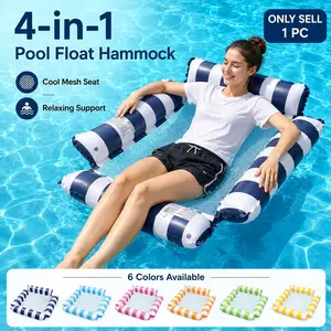 4-in-1 Inflatable Pool Float Water Hammock for Adults, Multi-Purpose Floating Bed with Mesh Bottom, 4 Air Tubes Stripe Pattern Lounger Chair, Portable Floating Lounge Chair, Convertible Pool Raft for Relaxation, Sunbathing and Water Napping
