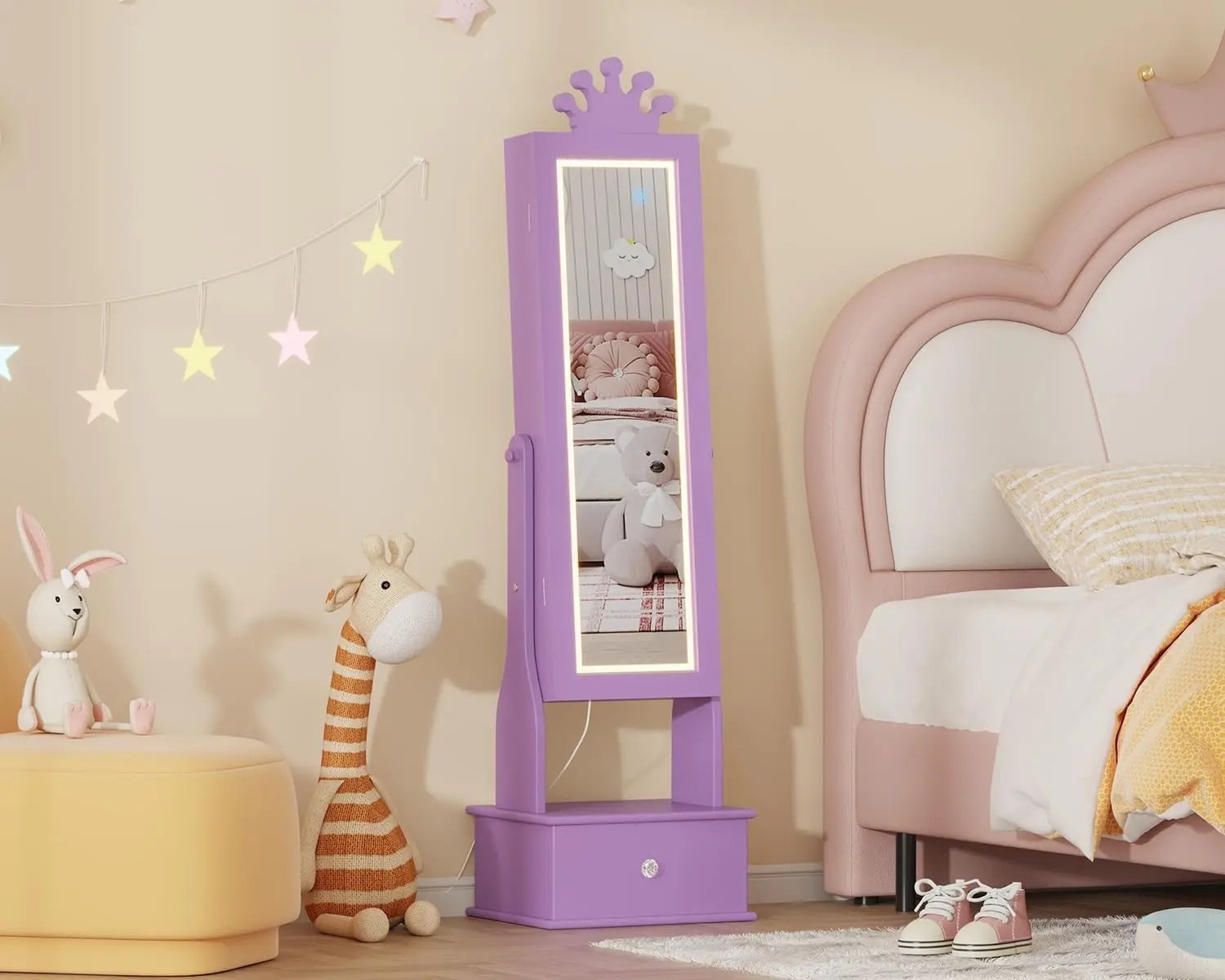 Gaomon 46" LED Light Mirror Jewelry Cabinet - Freestanding Full-Length Mirror Armoire with Storage Drawers, Magnetic Vanity Organizer for Rings, Earrings, Birthday Gift for Girls' Home Decor (Purple), Mirror With Lights