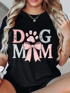 Women's Dog Mom T-shirt with Paw Prints and Pink Bow- Casual Short-sleeved Crew Neck Shirt, Mother's Day Gift for Dog Lovers, Suitable for Spring, Summer, and Autumn, Regular Fit Pet Parent Apparel