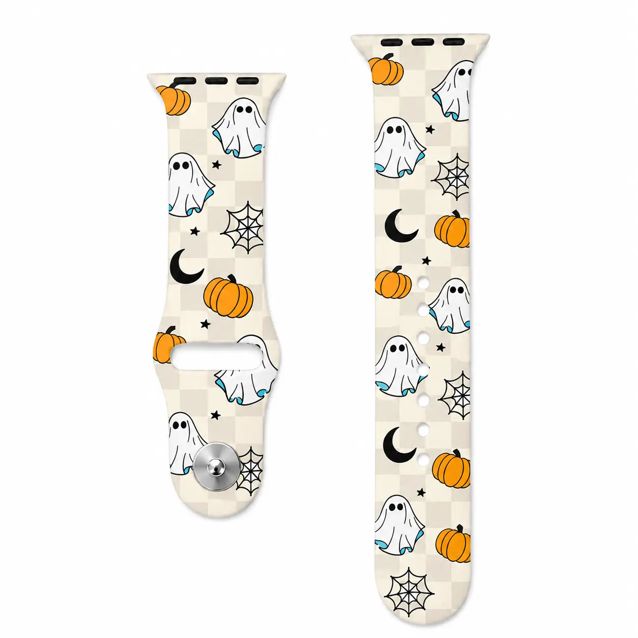 Checkered Ghost Pumpkin Silicone Watch Band - Beige Halloween Adjustable Strap for Smartwatches, Daily Wear and Party Outfits, Accessories, Wearable
