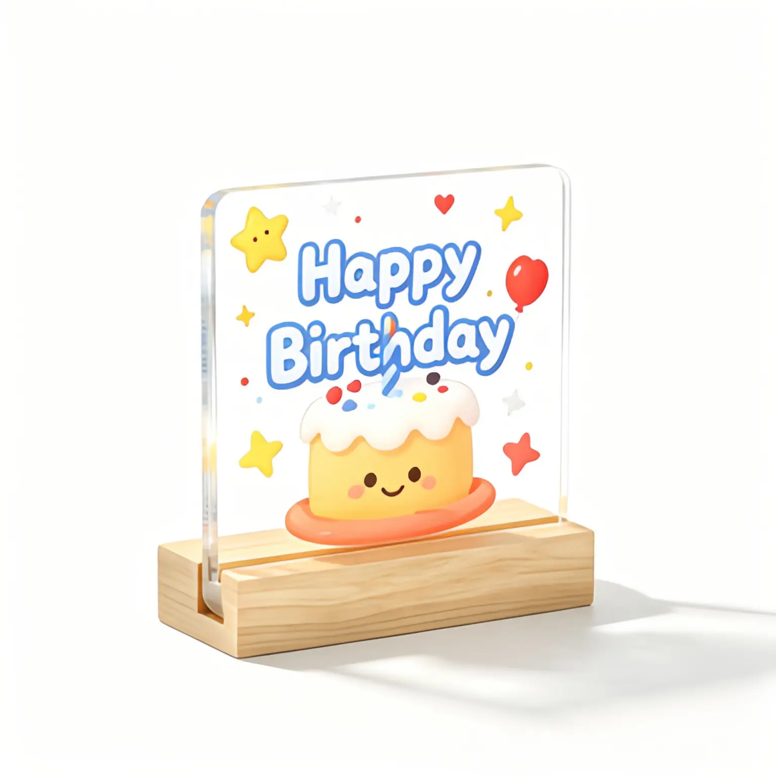 Happy Birthday Acrylic Plaque with Wooden Base, Cute Cake Pattern Desk Decor, Birthday Keepsake Gift for Friends, Family, Party Table Ornament