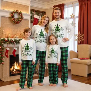 Matching Family Christmas Pajama Set – Long-Sleeve Top with Christmas Tree Letter Print and Green Plaid Pants